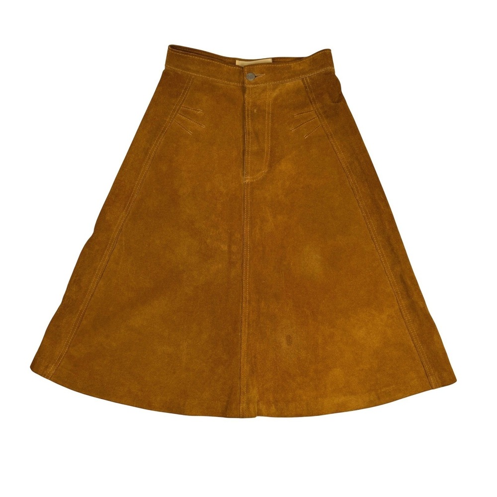 Vintage LEE Suede Leather Tobacco Brown High Waist Western A-Line Midi Skirt XS